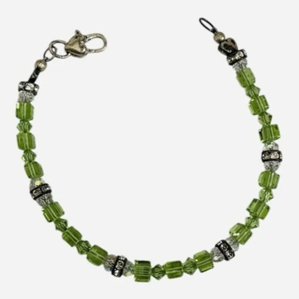 Green and Clear Crystal Beads Bracelet with Heart Clasp NIB